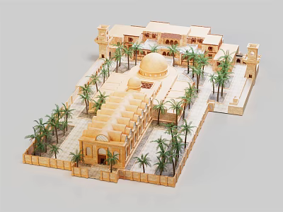 Traditional Ancient Architecture Model Featuring Dome Courtyard Palm Trees And Arched Structures 3d model