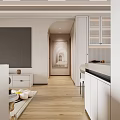 Modern Dining Living Room Interior With White Cabinets Island Counter Arched Doorway And Wooden Flooring