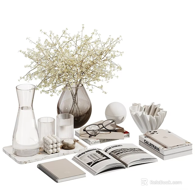 Modern Minimalist Decorative Ornament Set With Glass Vase White Flowers Eyeglasses Books And Tray 3d model 