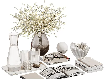 Modern Minimalist Decorative Ornament Set With Glass Vase White Flowers Eyeglasses Books And Tray 3d model