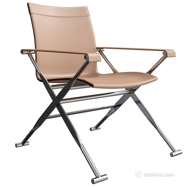 Modern Beige Leather Leisure Chair with Crossed Metal Frame and Armrests 3d model 