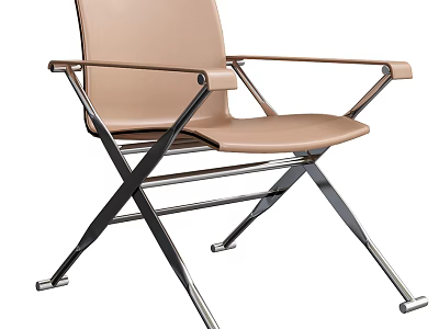 Modern Beige Leather Leisure Chair with Crossed Metal Frame and Armrests 3d model