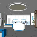Modern Service Hall Interior With Reception Desk Blue Seating And Marble Floor