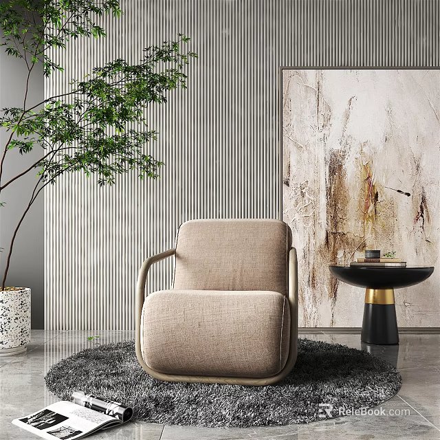 Modern Beige Fabric Single Sofa With Vertical Striped Wall Green Plant And Abstract Painting 3d model 