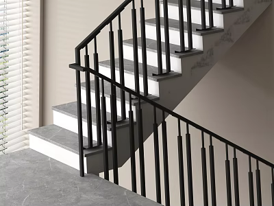 Modern Staircase Design With Black Railings And Gray Steps Near Window With Blinds 3d model