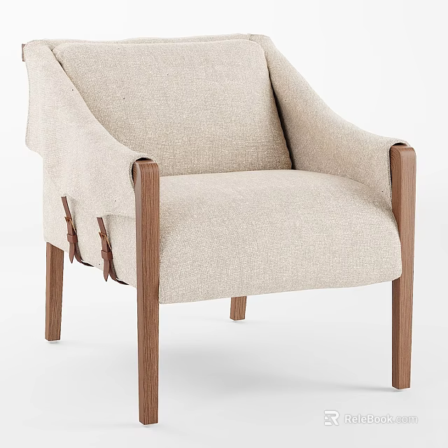 Modern Single Chair With Beige Fabric Upholstery And Wooden Armrests Legs 3d model 