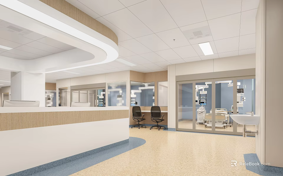 Spacious Bright Hospital Outpatient Clinic Interior With Reception And Beds 3d model 