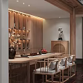 Traditional Tea House Interior Design With Wooden Furniture And Tea Sets