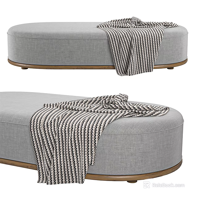 Gray Oval Shaped Sofa Bench With Wooden Legs And Striped Blanket 3d model 