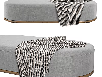 Gray Oval Shaped Sofa Bench With Wooden Legs And Striped Blanket 3d model