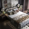 Classic Double Bed With Ornate Headboard Floral Bedding Nightstand Table Lamp And Wooden Floor