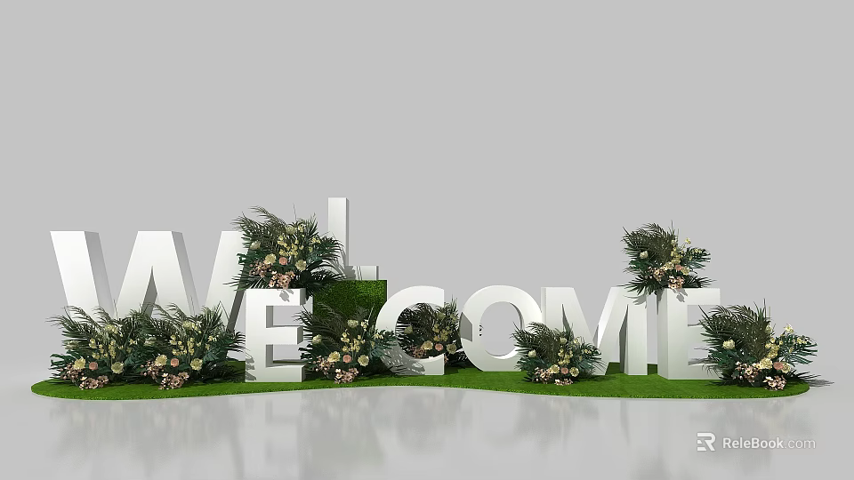 3D Welcome Letters Decorated With Fresh Flower Arrangements And Green Grass 3d model 
