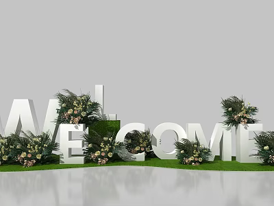 3D Welcome Letters Decorated With Fresh Flower Arrangements And Green Grass 3d model