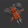 Red Mechanical Turret Weapon with Multiple Barrels and Metallic Base Structure 3d model