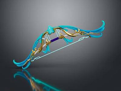 Turquoise Fantasy Bow With Golden Decorations Intricate Design And Curved Shape 3d model