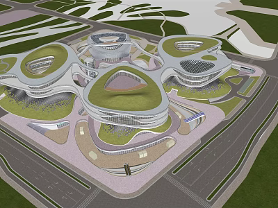 Modern Building Complex With Circular Green Roofs Open Layout And Surrounding Green Spaces 3d model