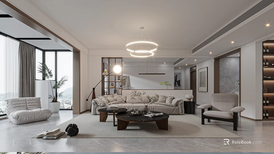 Modern Living Room Interior With Comfortable Sofa Coffee Table Circular Pendant Lights And Floor Lamp 3d model 