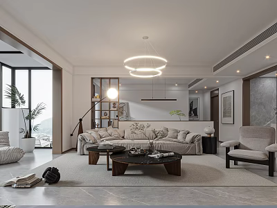 Modern Living Room Interior With Comfortable Sofa Coffee Table Circular Pendant Lights And Floor Lamp 3d model