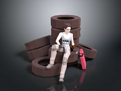 3D Model Scene With Brown Circular Rings Character Sitting And Pink Tool 3d model