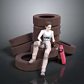 3D Model Scene With Brown Circular Rings Character Sitting And Pink Tool