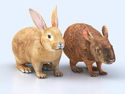 Two Rabbit Figurines With Light Brown And Dark Brown Colors On White Background 3d model