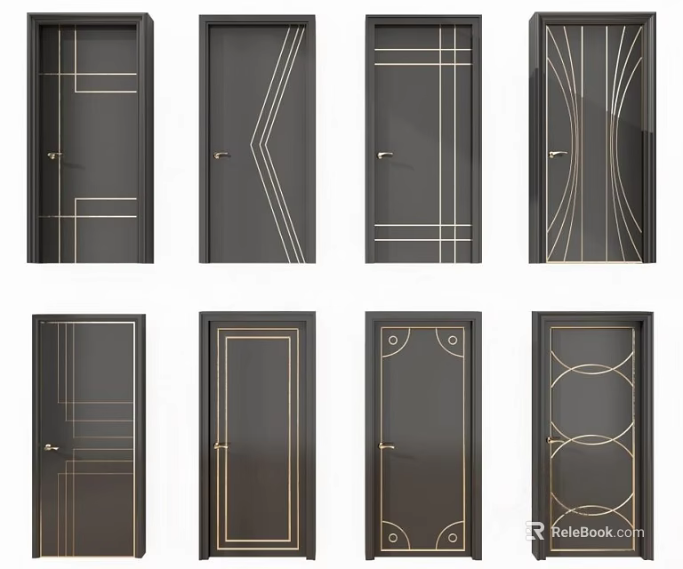 Modern Hinged Doors With Black Surface And Gold Geometric Decorative Patterns 3d model