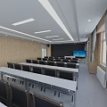 Spacious Conference Room Interior With Rows Of Tables Chairs Mobile Podium Large Windows And Curtains