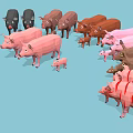 Low Poly Style Pigs In Various Sizes And Colors Standing On Light Blue Background