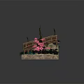 Cute Cartoon Miniature Scene With Wooden Bridge Pink Flowers Green Plants And Rocks