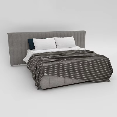 Modern Double Bed Interior With Gray Headboard White Dark Pillows And Striped Blanket 3d model