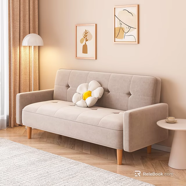 Light Gray Double Sofa with Flower Shaped Pillow Beige Wall Decorative Paintings Small Round Table 3d model 