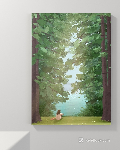 Landscape Painting with Person Sitting Between Tall Trees Green Leaves Grass and Distant Water View 3d model 
