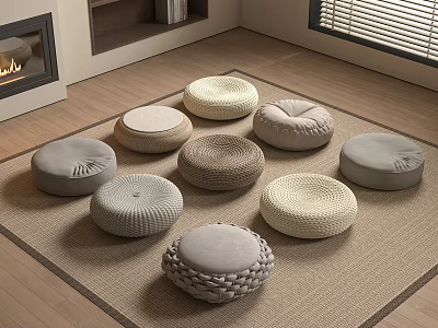 Round Floor Cushions Various Textures Woven Designs on Cozy Room Carpet 3d model