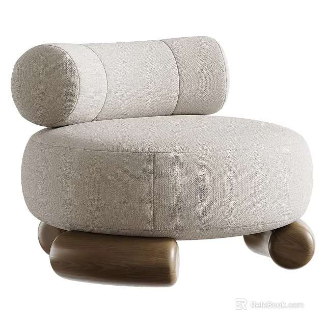 Beige Fabric Single Seater Sofa With Rounded Design And Wooden Legs 3d model 