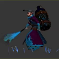 Fantasy Game Mage Character In Purple Blue Outfit With Hat Backpack And Blue Magical Effects