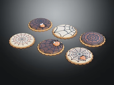 Festive Halloween Cookies With Spider Web Designs And Small Spider Decorations 3d model