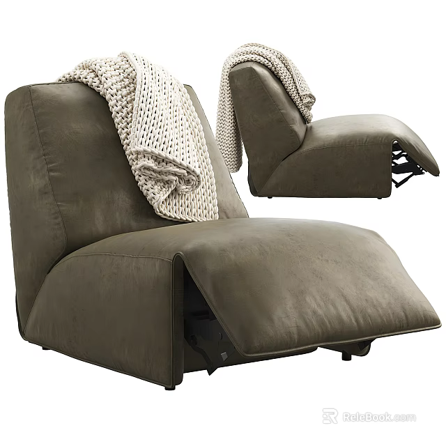 Olive Green Leather Single Seater Sofa With Knit Blanket Metal Legs And Modern Design 3d model 