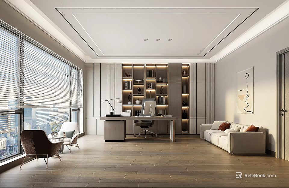 Modern Study Room With Large Windows And Built In Bookshelves 3d model