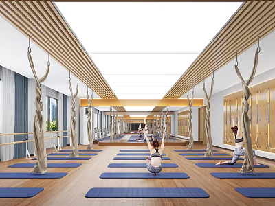 Spacious Bright Yoga Studio With Wooden Decor Blue Mats Aerial Hammocks And People Practicing Yoga 3d model