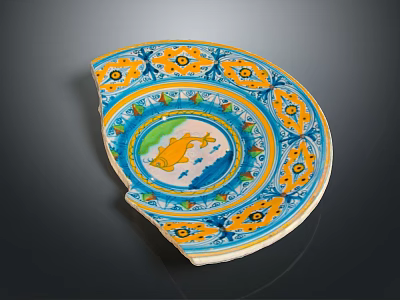 Chipped Ornate Ceramic Plate With Yellow Blue Green Patterns And Central Fish Design 3d model