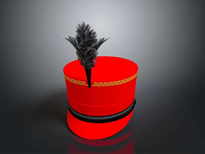 Stylish Red Decorative Hat Featuring Black Feather Gold Trim And Black Band 3d model