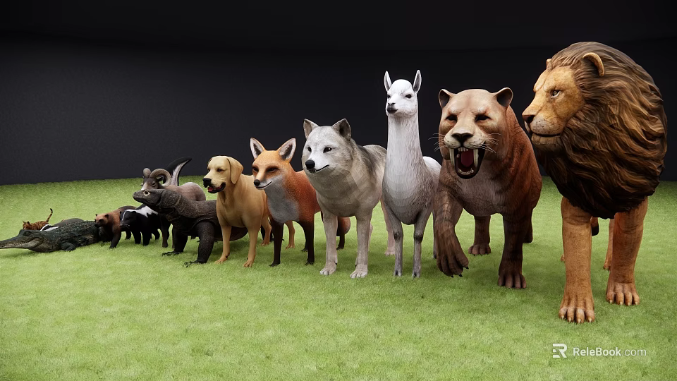Realistic Reptile Models With Mammal Figurines On Green Grass Field 3d model 