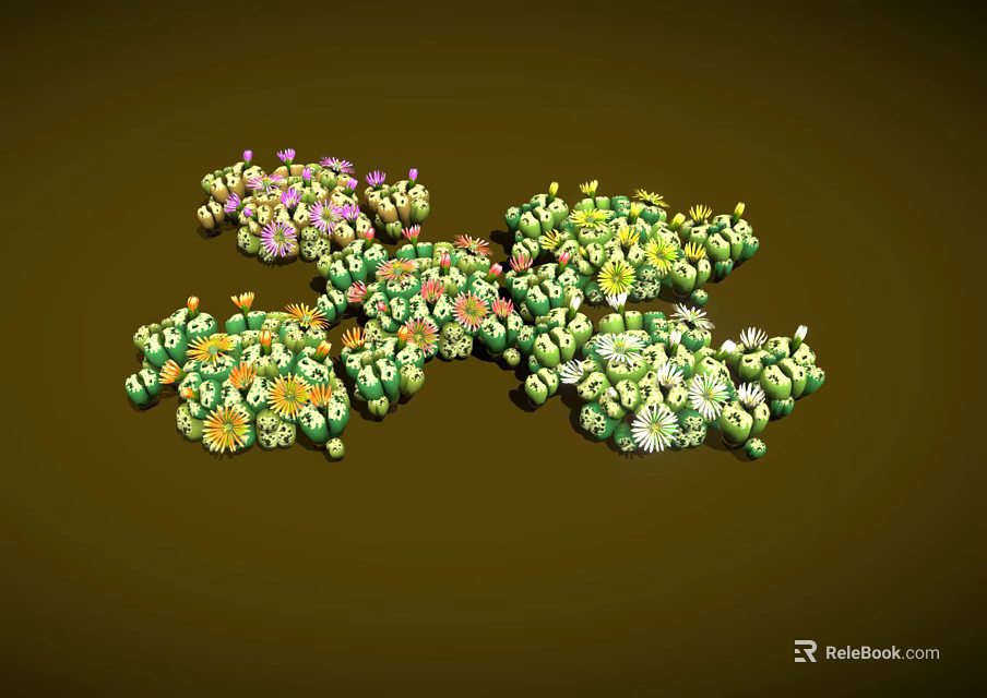 Colorful Small Plants with Mixed Colored Flowers and Green Leaves Growing Together on Brown Background 3d model 