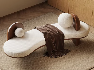 Modern Design White Padded Curved Shoe Bench With Wooden Accents And Cushions 3d model