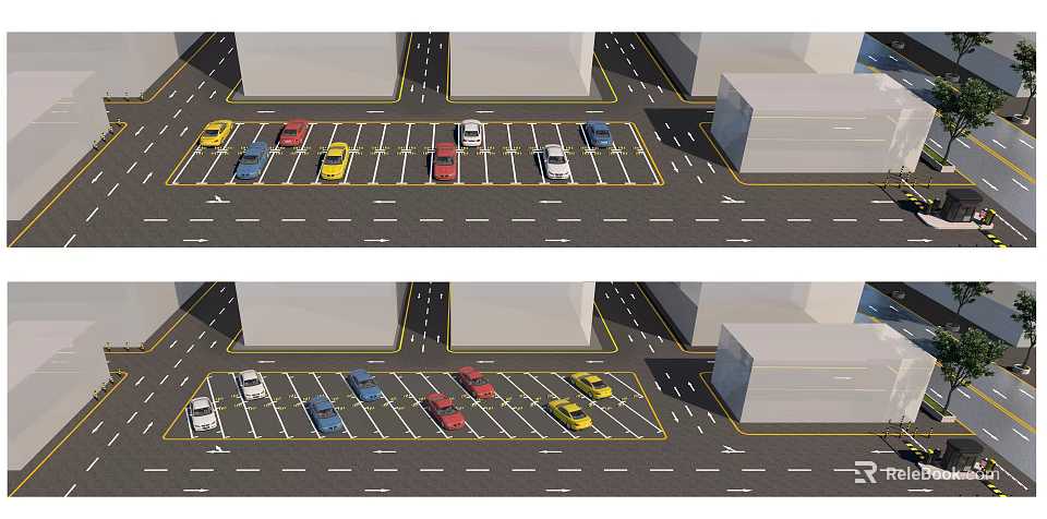 Parking Lot With Multiple Parking Spaces And Colored Vehicles Near Buildings 3d model 