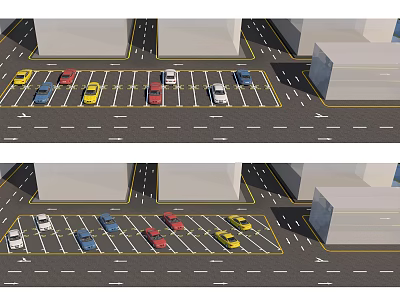 Parking Lot With Multiple Parking Spaces And Colored Vehicles Near Buildings 3d model