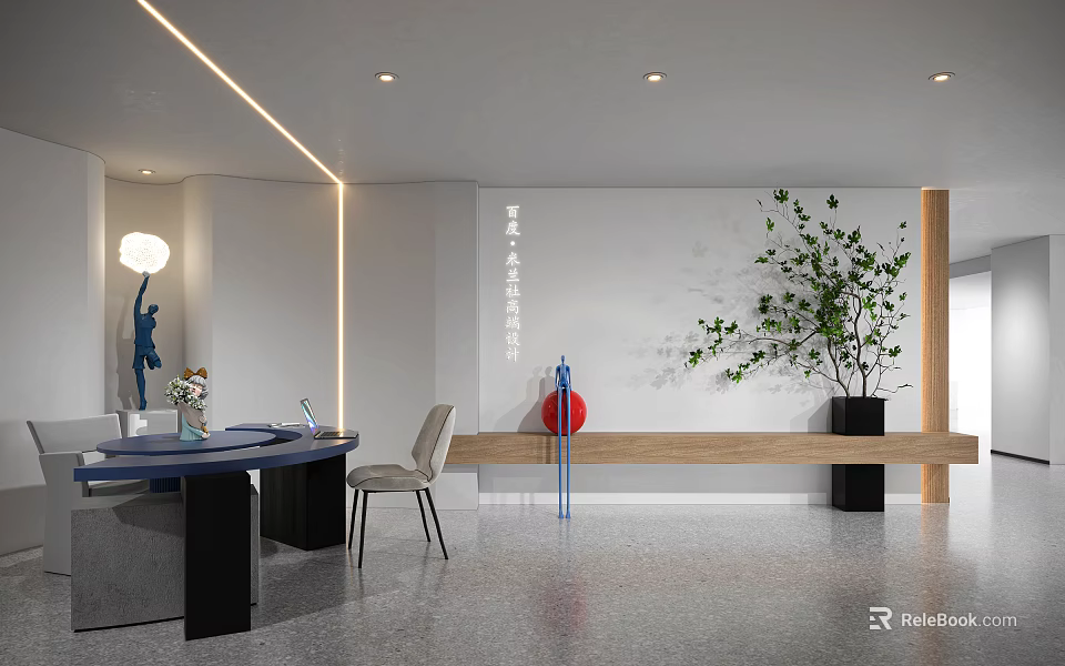 Modern Reception Desk Interior Design With Green Plant Comfortable Chair And Stylish Lighting 3d model 