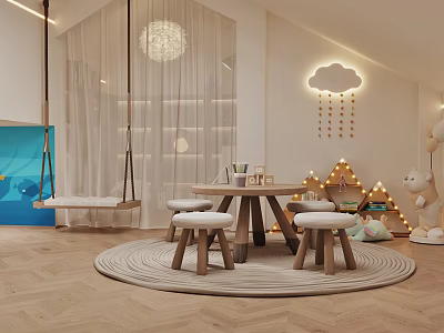 Cozy Modern Playroom With Hanging Swing Round Table Stools And Circular Rug 3d model