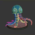 Blue Octopus Robot Game Character With Round Eyes Mechanical Tentacles And Brown Base