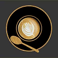 Black Coffee Cup With Gold Rim And Latte Art On Black Saucer With Gold Spoon